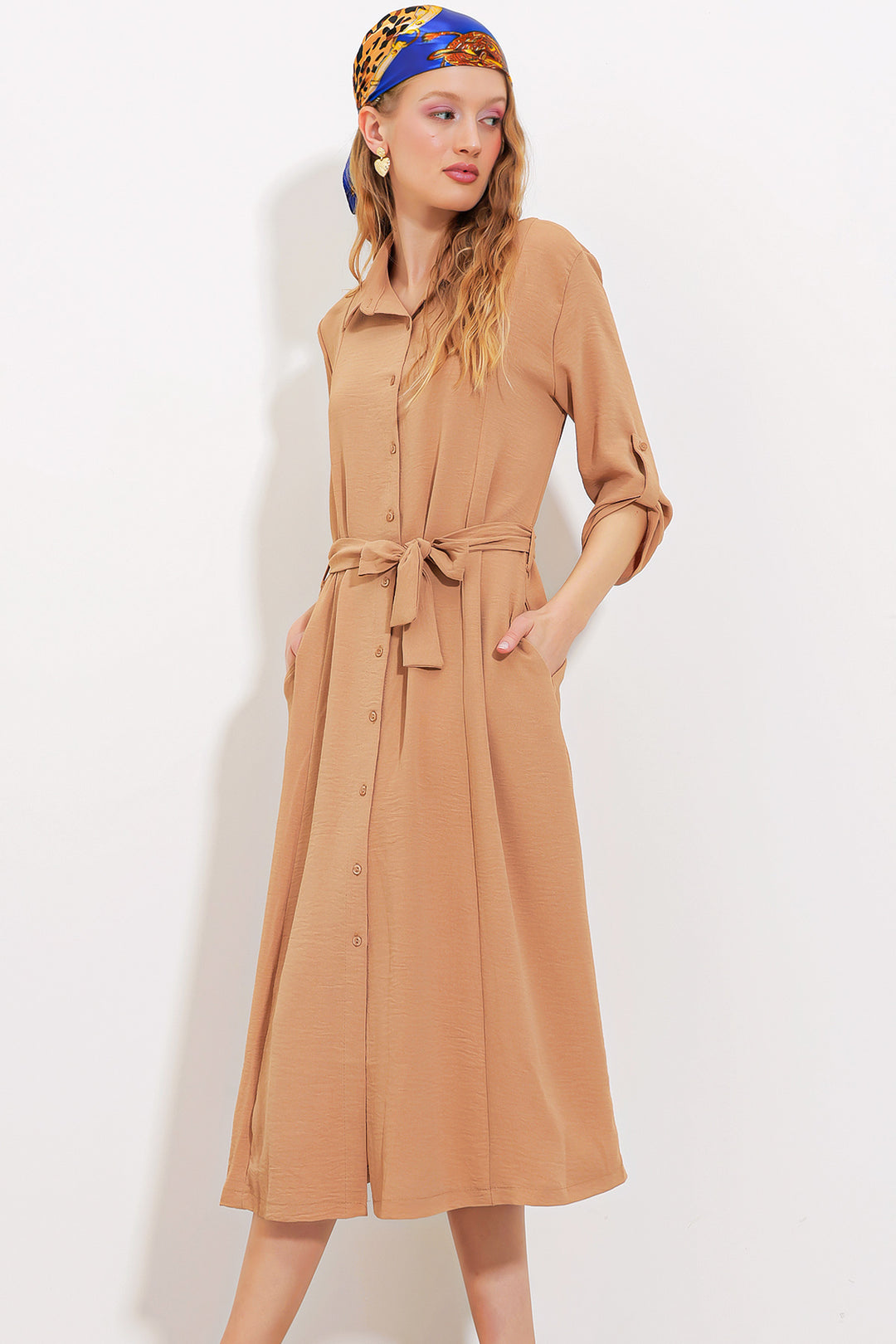 BGD Women Woman Camel Belted Shirt Dress 2442 - Avondale