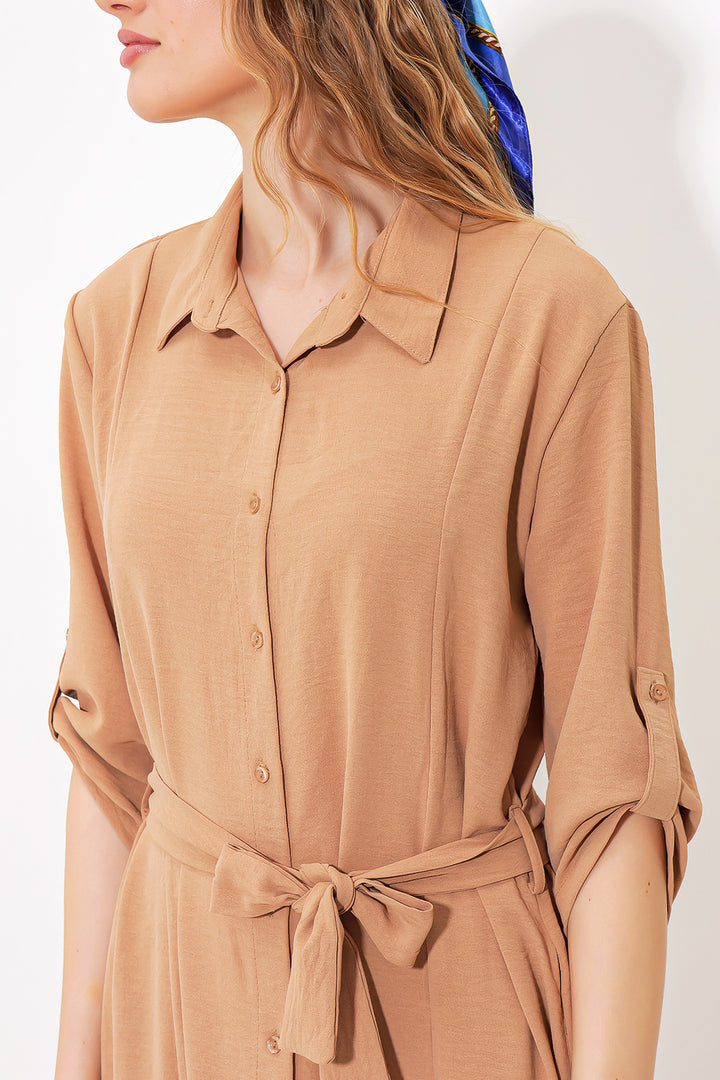 BGD Women Woman Camel Belted Shirt Dress 2442 - Avondale