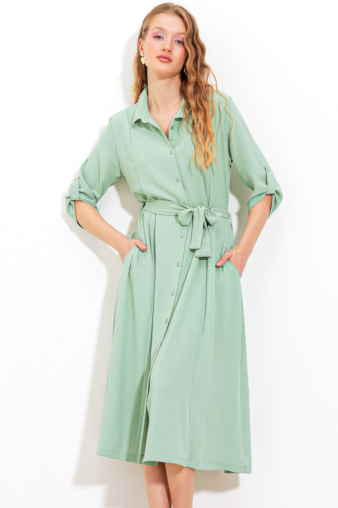 BGD Women Woman Mint Belted Shirt Dress 2442 - Avondale