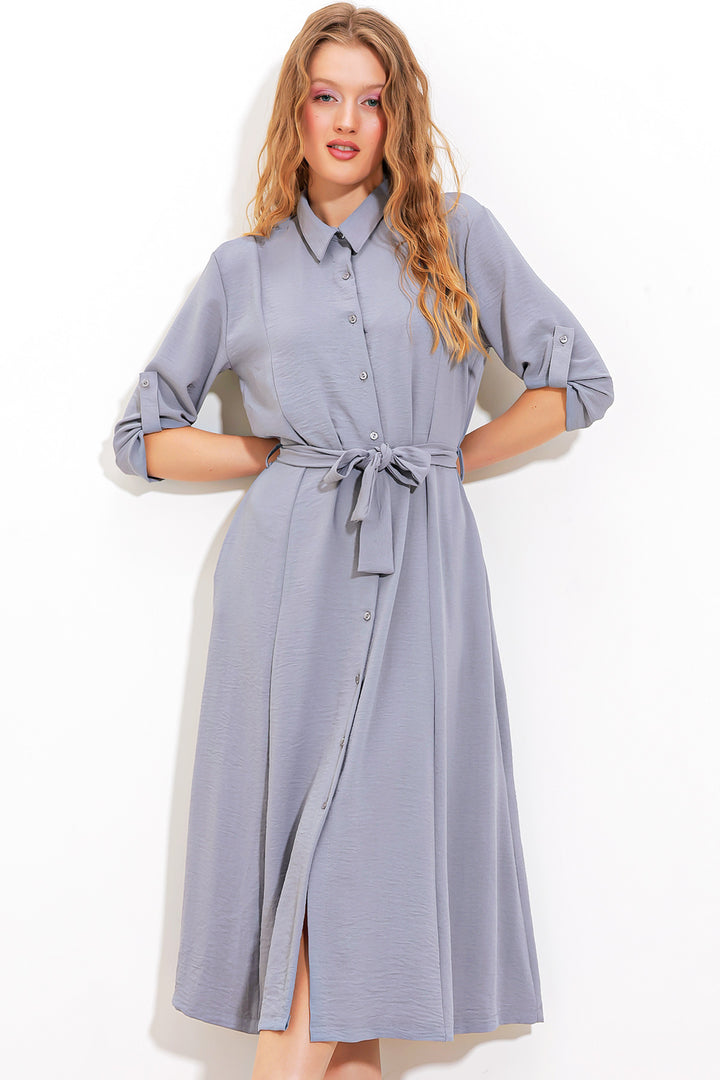 BGD Women Woman Gray Belted Shirt Dress 2442 - Avondale