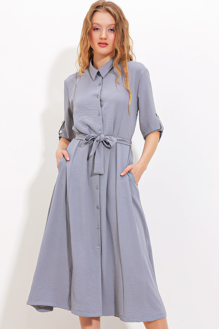 BGD Women Woman Gray Belted Shirt Dress 2442 - Avondale