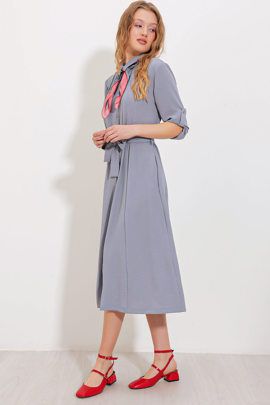 BGD Women Woman Gray Belted Shirt Dress 2442 - Avondale