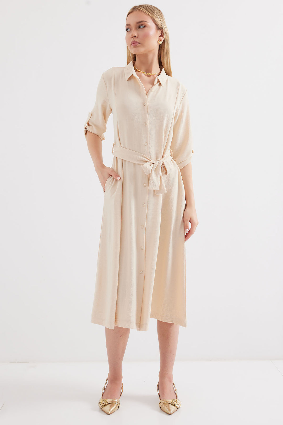 BGD Women Belted Shirt Dress - Cream - Avondale