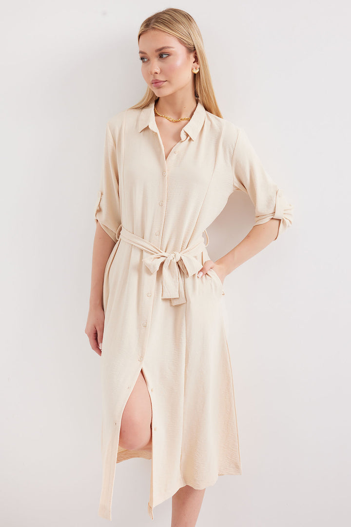 BGD Women Belted Shirt Dress - Cream - Avondale