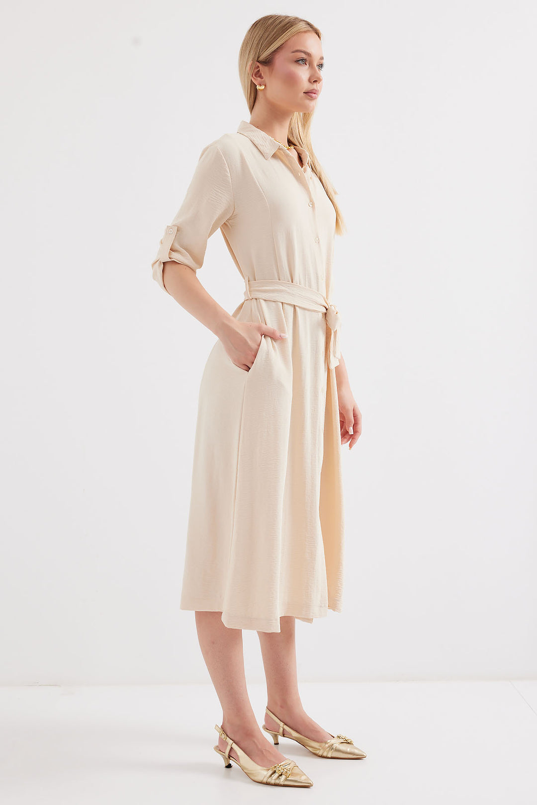 BGD Women Belted Shirt Dress - Cream - Avondale