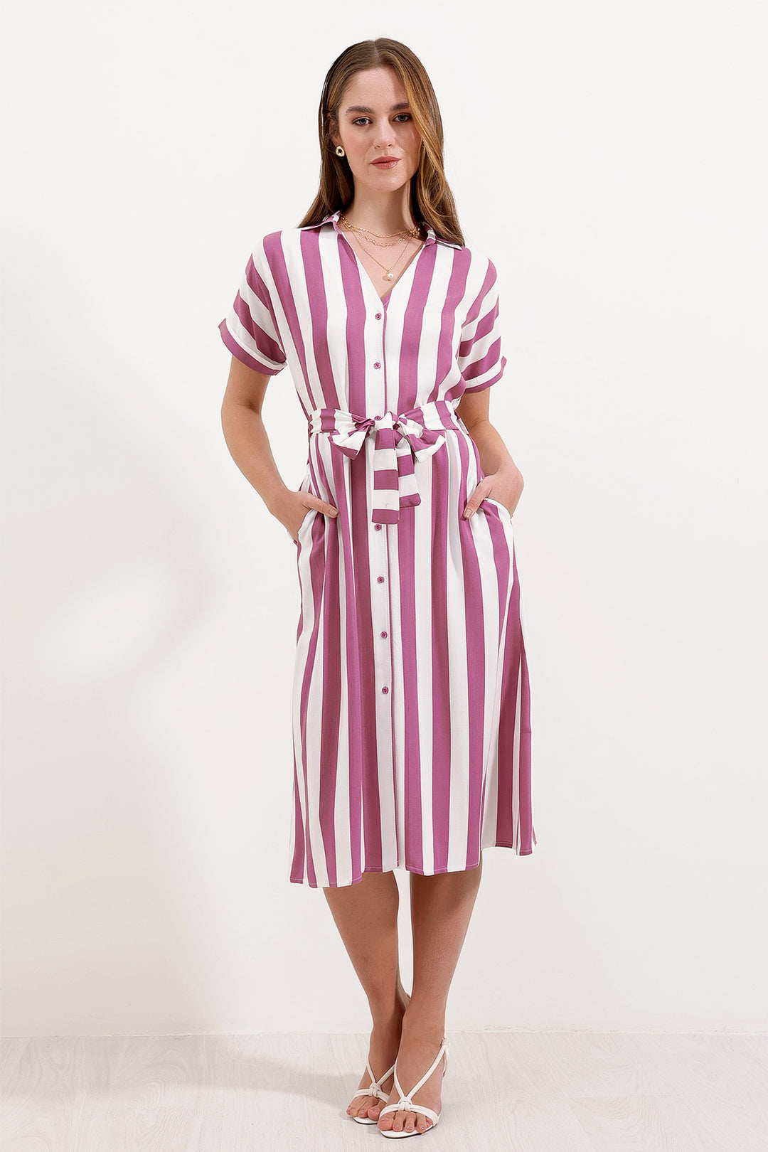 BGD Women Striped Shirt Dress - Rose Pink - Avondale