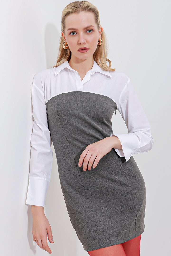 BGD Women Shirt Detail Mini Dress - Anthracite - Avondale