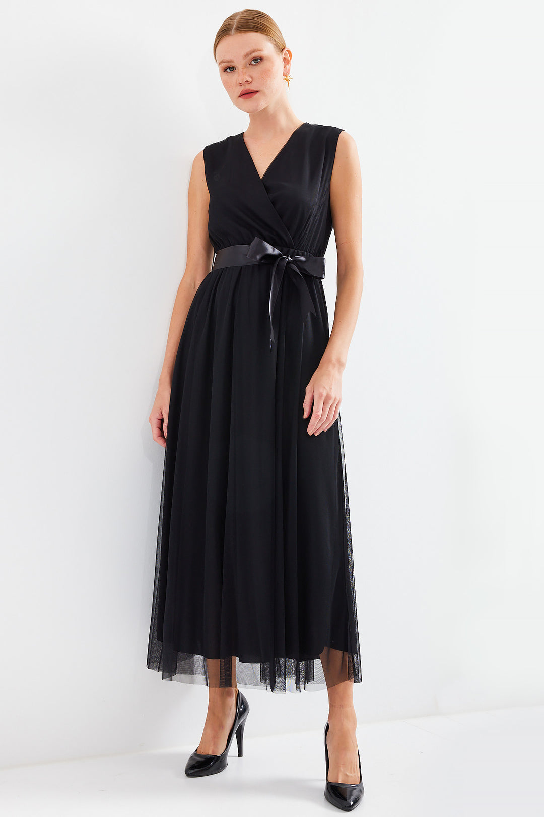 BGD Women Cross Neck Sleeveless Tulle Dress - Black - Avondale