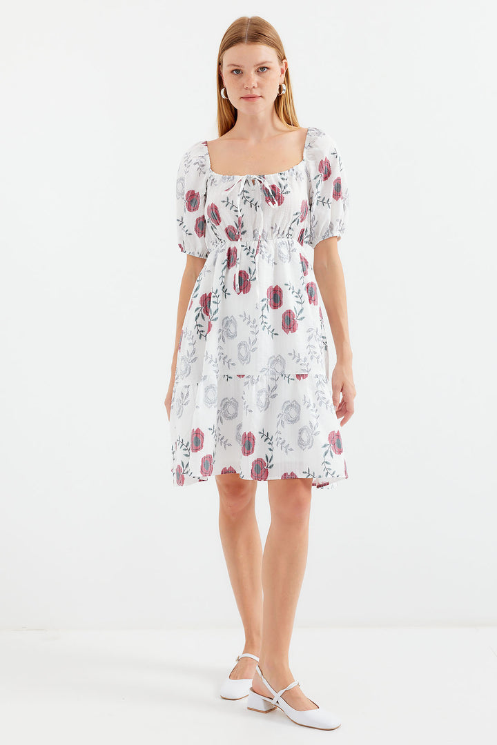 BGD Women Patterned Mini Flare Dress - Ecru - Avondale