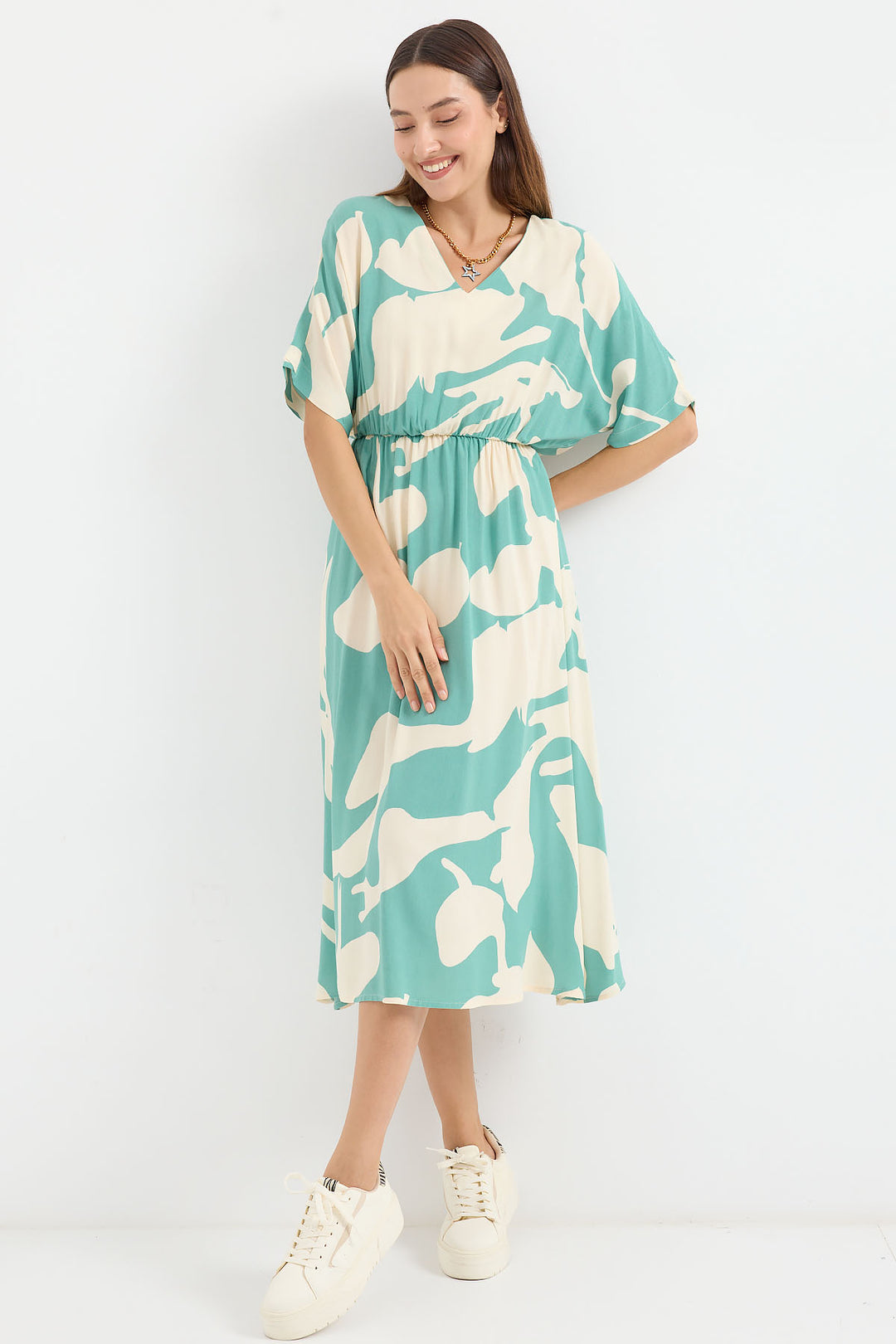 BGD Women Elastic Waist Patterned Dress - Mint - Avondale