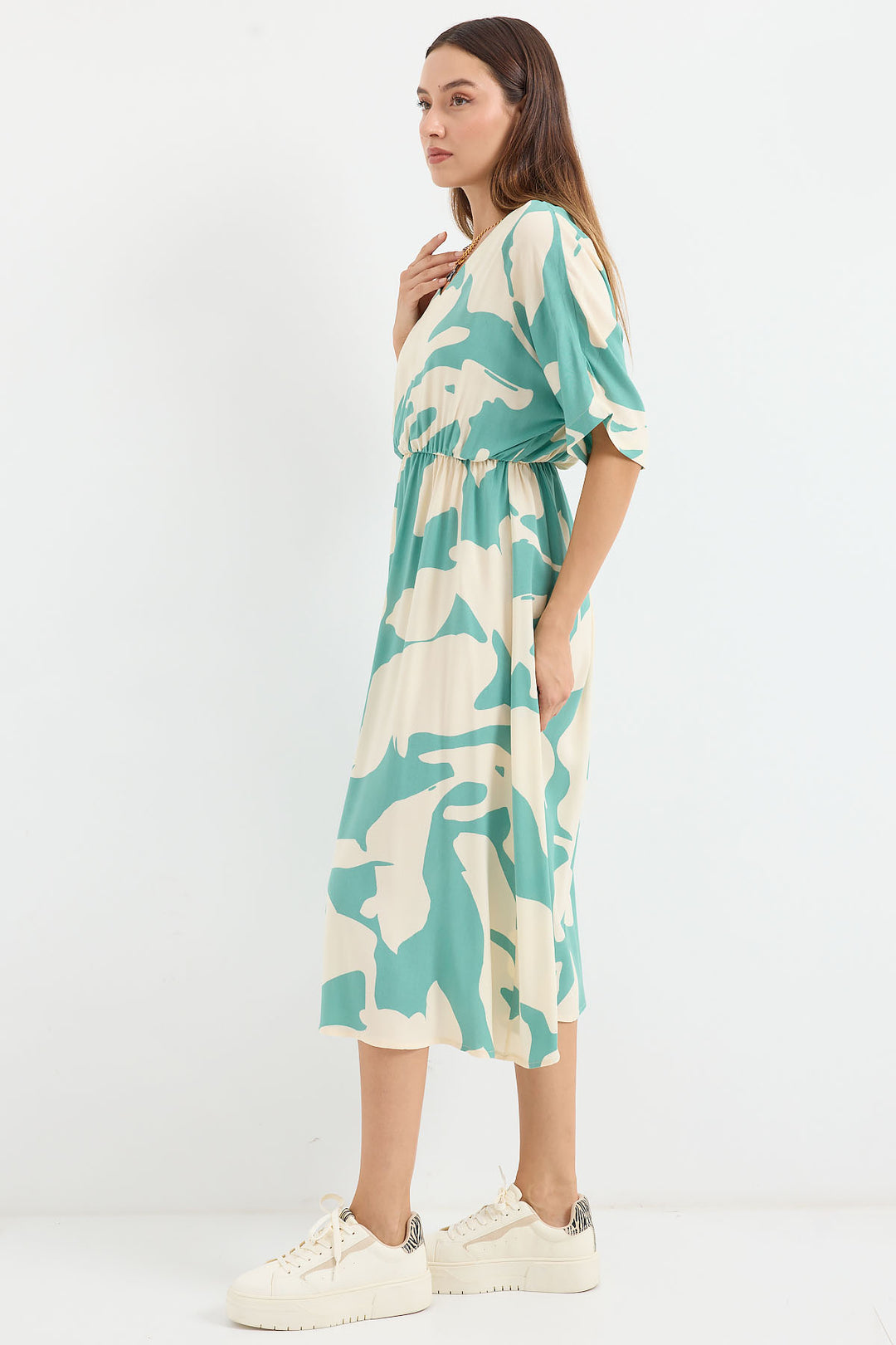 BGD Women Elastic Waist Patterned Dress - Mint - Avondale