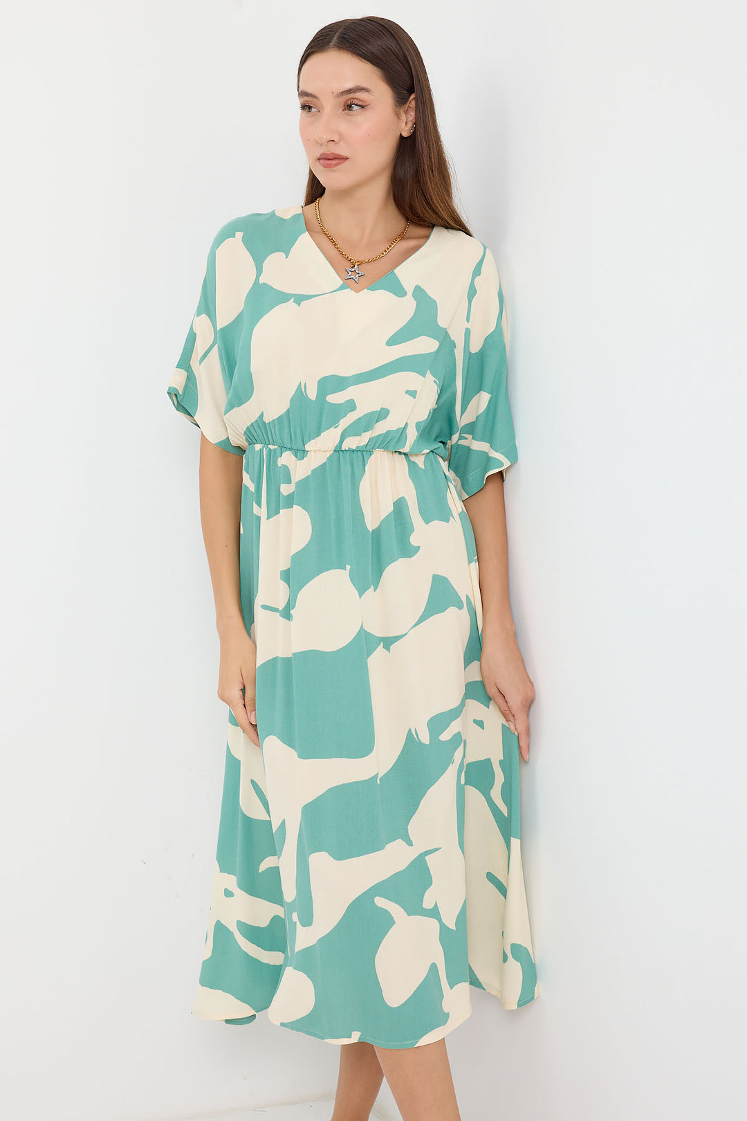 BGD Women Elastic Waist Patterned Dress - Mint - Avondale