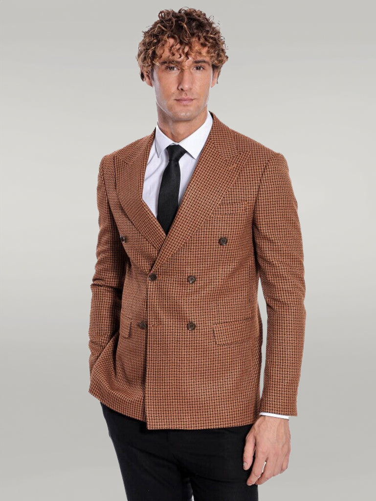 WSS Houndstooth Patterned Tawny Men Double Breasted Blazer  - Singen