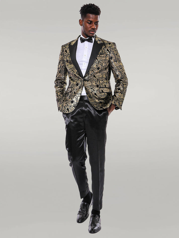 WSS Slim Fit Gold Paisley Patterned Black Men Tuxedo Blazer  - Singen