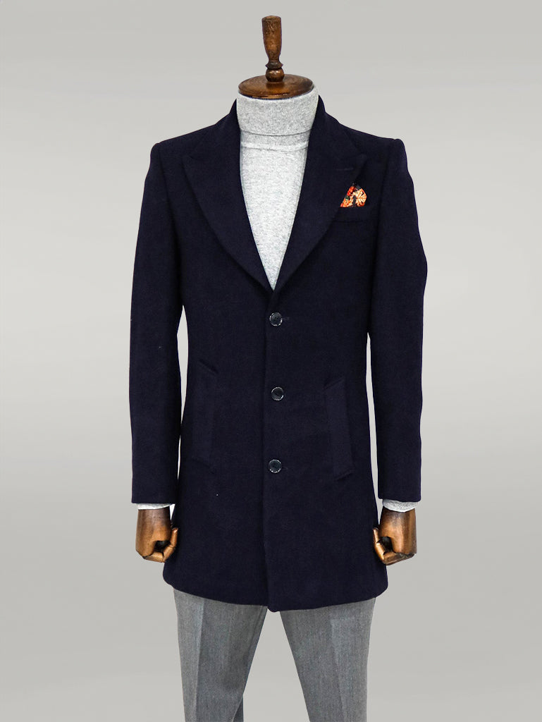 WSS Wide Lapel Wool Navy Blue Men Coat  - Singen