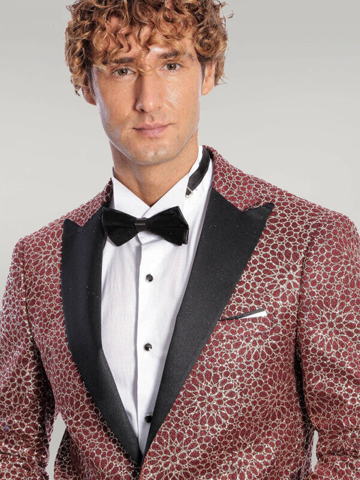 WSS Flower Embroidered Pattern Burgundy Men Prom Blazer  - Singen