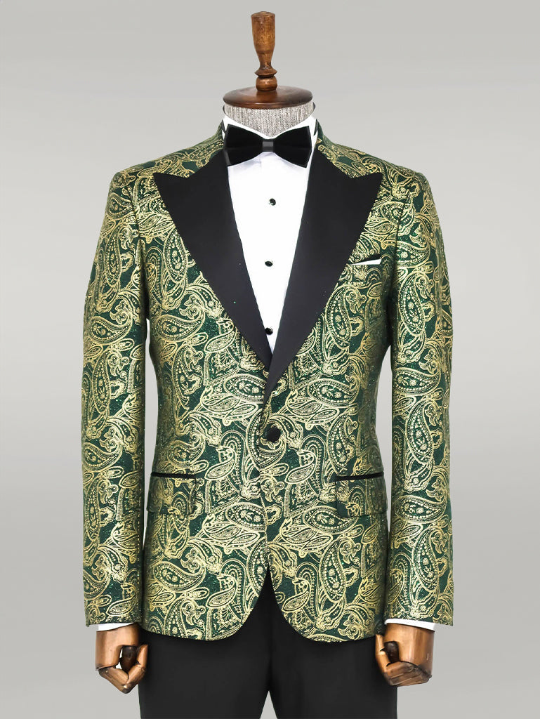 WSS Paisley Peak Lapel Green Men Prom Blazer  - Singen