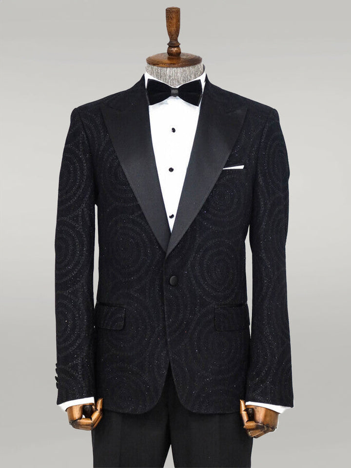 WSS Hypnose Pattern Peak Lapel Slim Fit Black Men Prom Blazer  - Singen