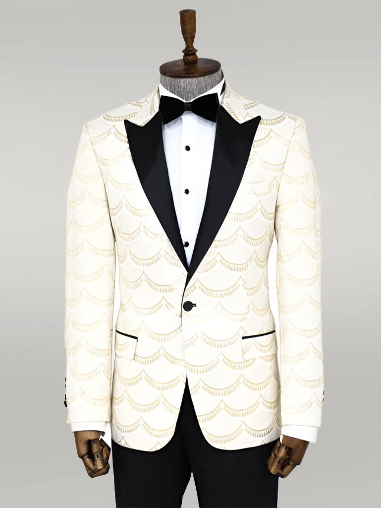 WSS Patterned Slim Fit White Men Prom Blazer  - Singen