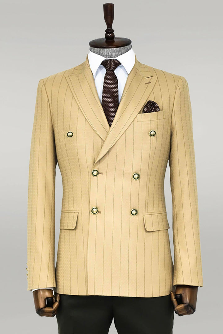 WSS Double Breasted Slim Fit Striped Cream Men Blazer  - Singen