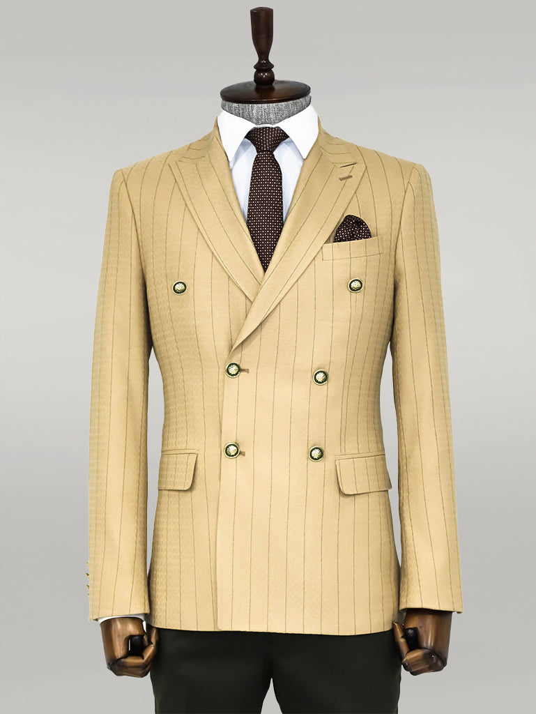 WSS Double Breasted Slim Fit Striped Cream Men Blazer  - Singen