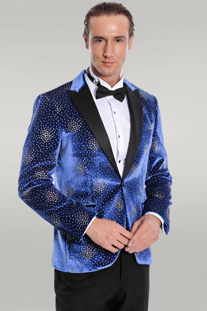 WSS Dot Patterned Peak Lapel Blue Men Prom Blazer  - Singen