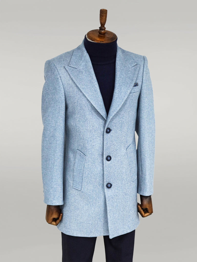 WSS Wide Lapel Wool Light Blue Men Coat  - Singen