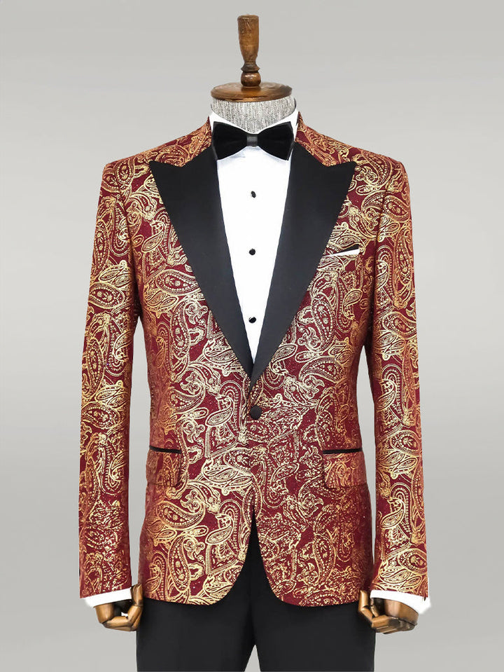 سترة WSS Paisley Peak Lapel Burgundy للرجال للحفلات الراقصة - سينجين