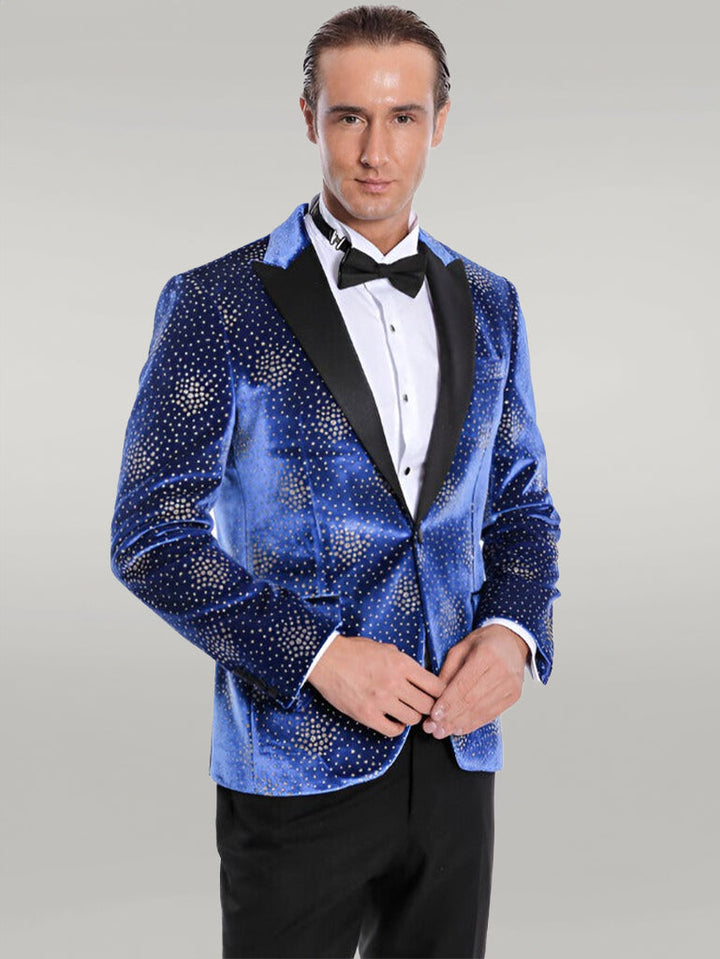 WSS Dot Patterned Peak Lapel Blue Men Prom Blazer  - Singen