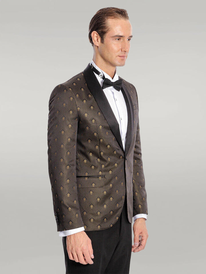 WSS Shawl Lapel Gold Dot Patterned Over Black Men Tuxedo Blazer  - Singen