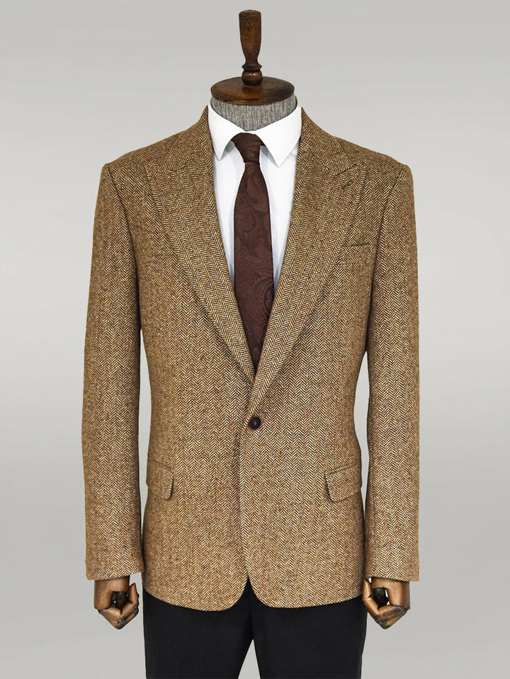 WSS Houndstooth Pattern Wool Light Brown Men Blazer  - Singen