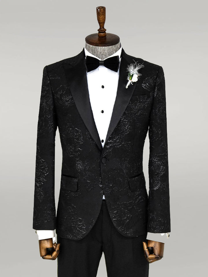 WSS Floral Patterned Peak Lapel Black Tuxedo Blazer  - Singen