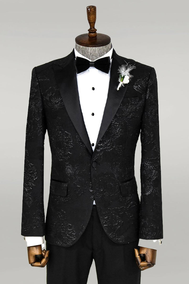 WSS Floral Patterned Peak Lapel Black Tuxedo Blazer  - Singen