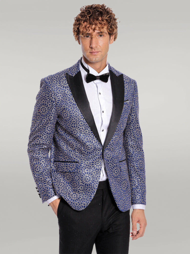 WSS Flower Embroidered Pattern Navy Blue Men Prom Blazer  - Singen