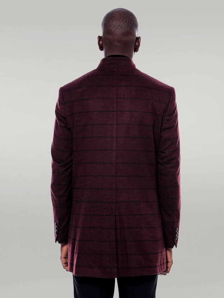 WSS Mandarin Collar Burgundy Checked Coat  - Singen