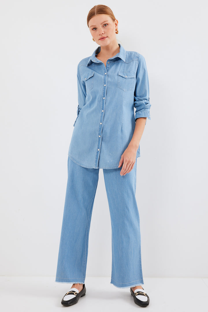 BGD Women DOUBLE POCKET SNAP BUTTON DENIM SHIRT - Blue - Avondale