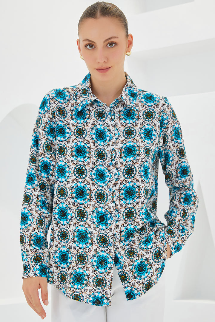 BGD Women Graphic Patterned Shirt - Navy Blue - Avondale