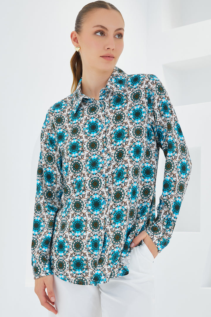 BGD Women Graphic Patterned Shirt - Navy Blue - Avondale