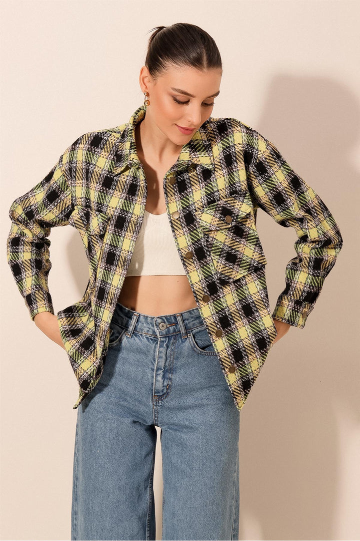 BGD Women Plaid Pattern Double Pocket Shirt - Dark Green - Avondale