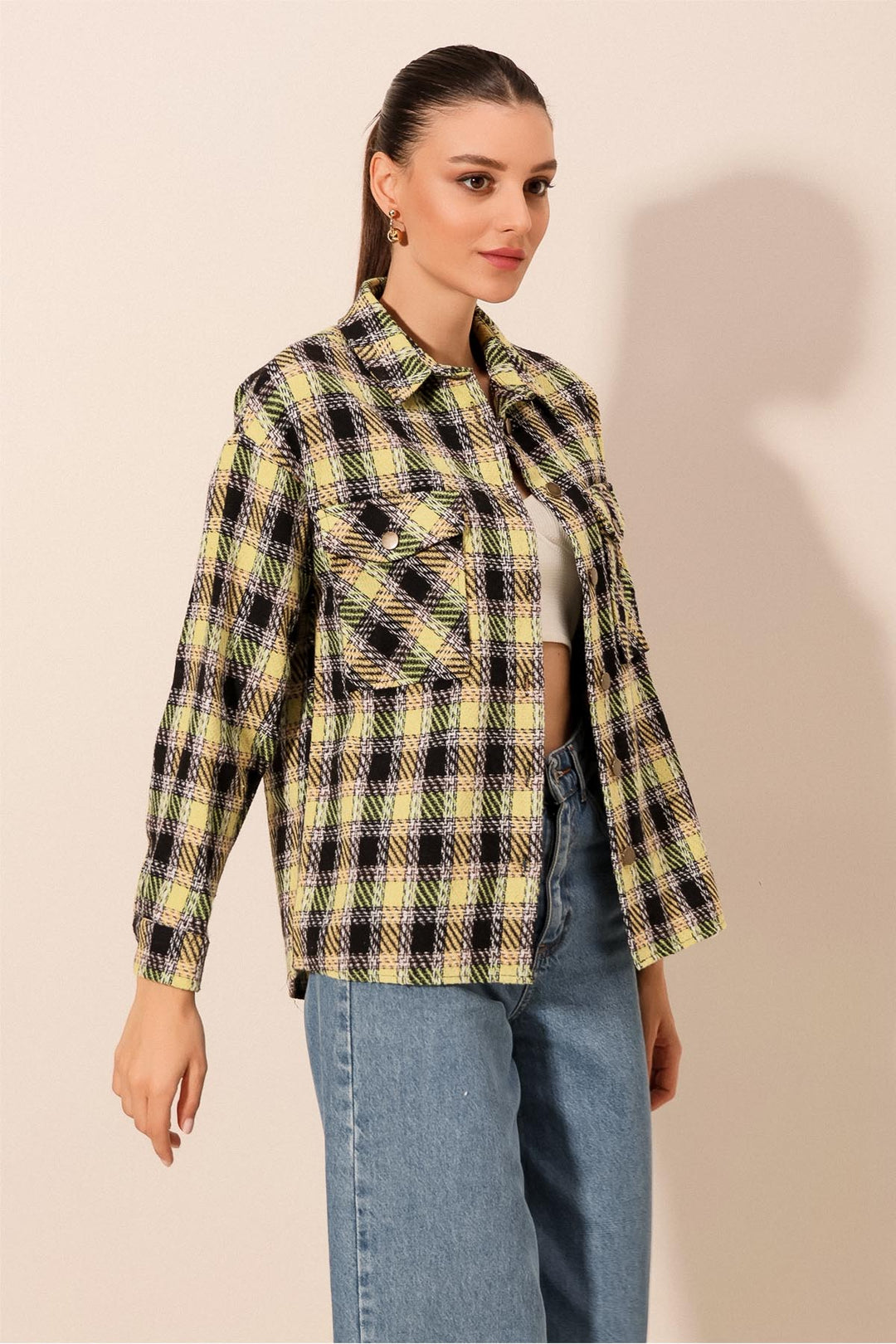 BGD Women Plaid Pattern Double Pocket Shirt - Dark Green - Avondale