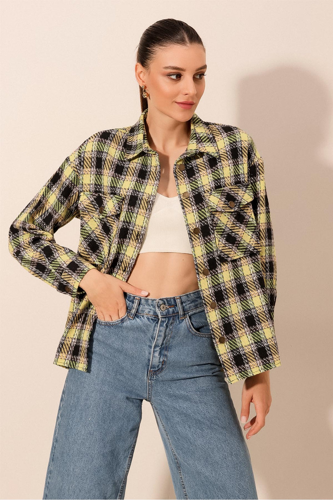 BGD Women Plaid Pattern Double Pocket Shirt - Dark Green - Avondale