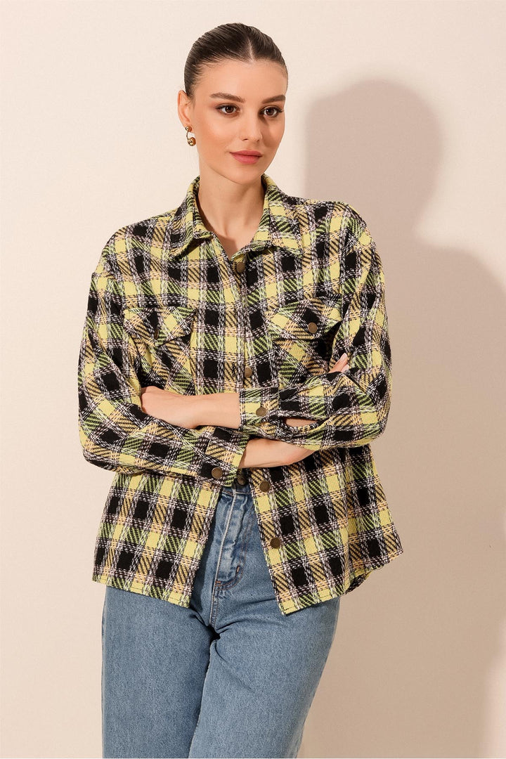 BGD Women Plaid Pattern Double Pocket Shirt - Dark Green - Avondale