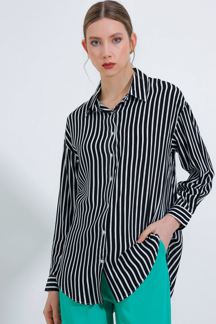 BGD Women Woman Black and White Oversized Striped Viscose Shirt 3900 - Avondale