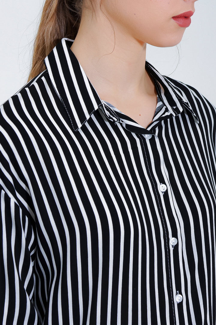 BGD Women Woman Black and White Oversized Striped Viscose Shirt 3900 - Avondale