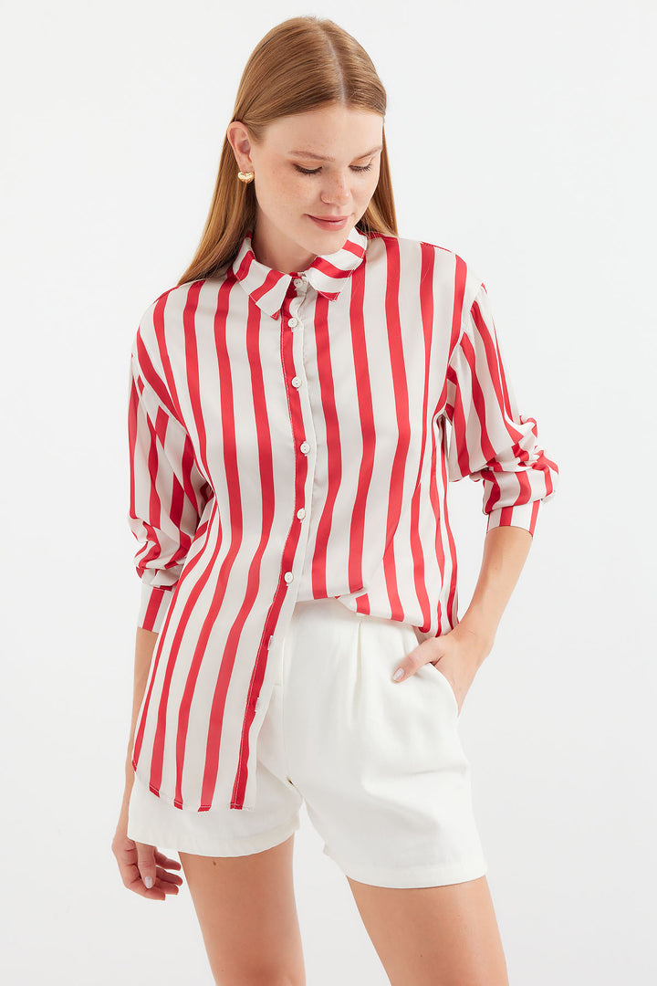 BGD Women Lightweight Draped Satin Shirt - Bright Red - Avondale