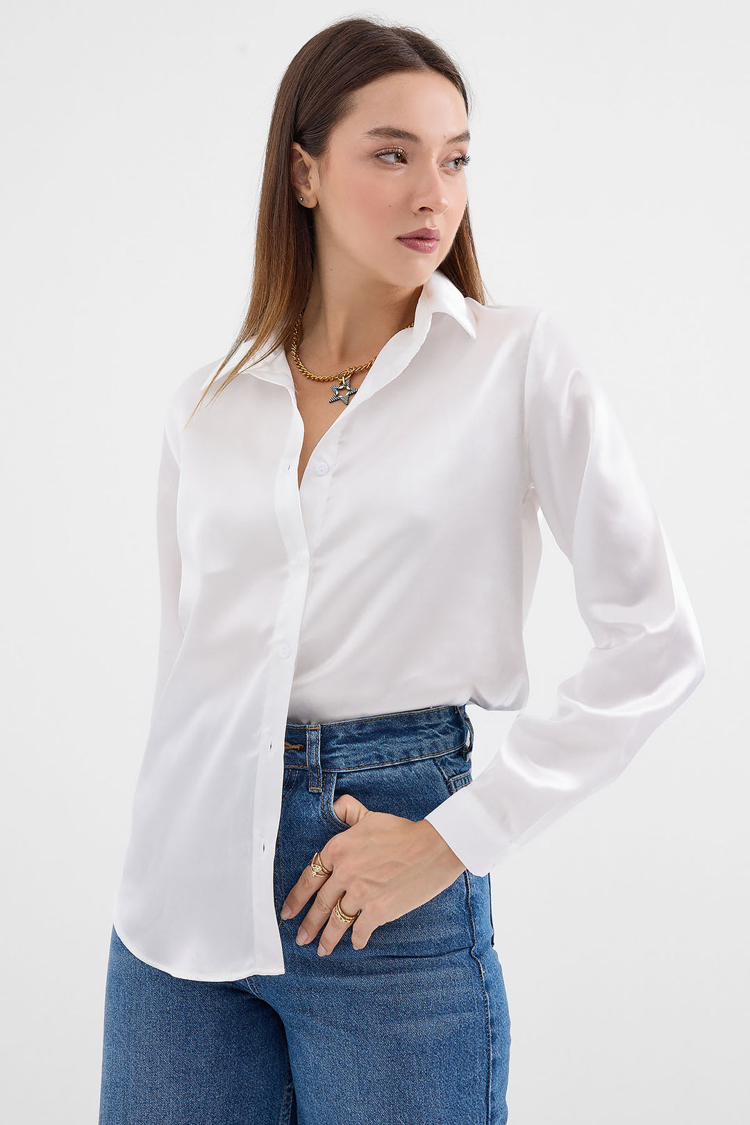 BGD Women Lightweight Satin Shirt - White - Avondale