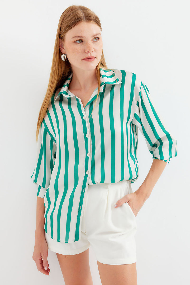 BGD Women Lightweight Draped Satin Shirt - H. Green - Avondale