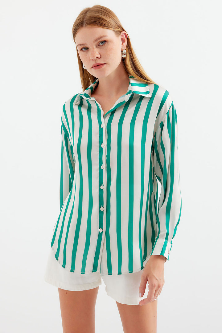 BGD Women Lightweight Draped Satin Shirt - H. Green - Avondale