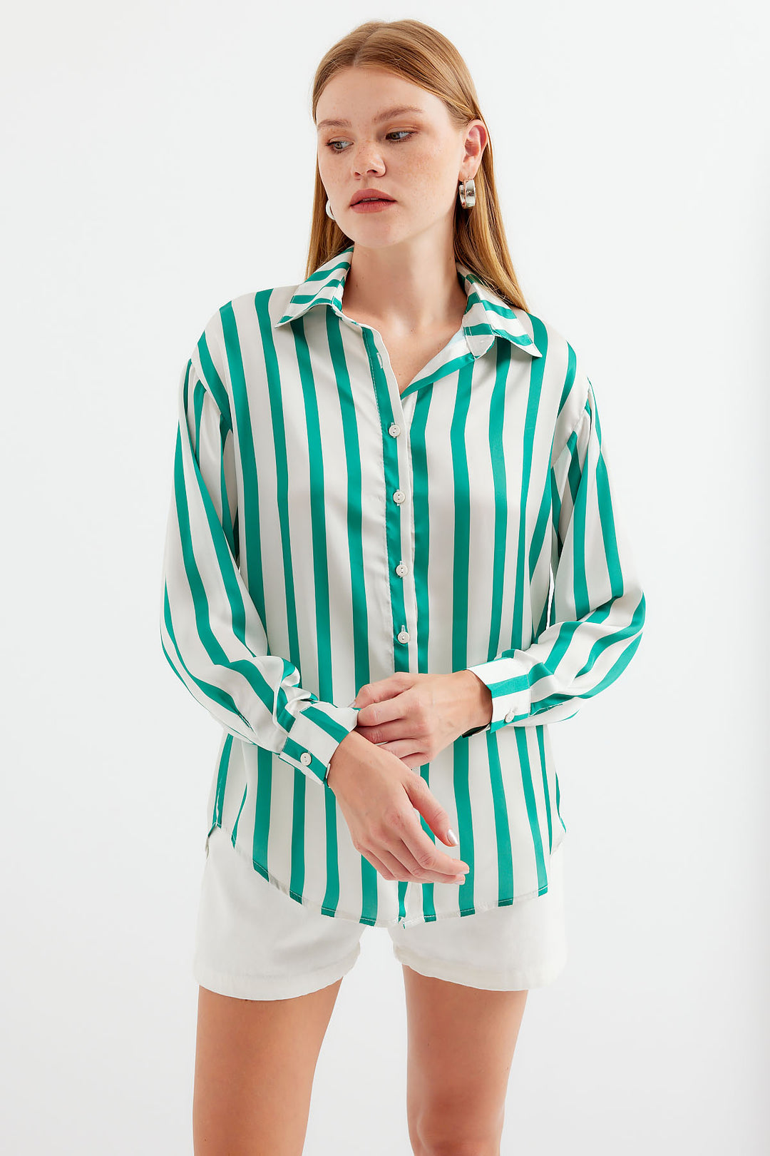 BGD Women Lightweight Draped Satin Shirt - H. Green - Avondale