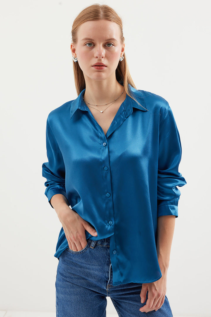 BGD Women Lightweight Draped Satin Shirt - Petrol - Avondale